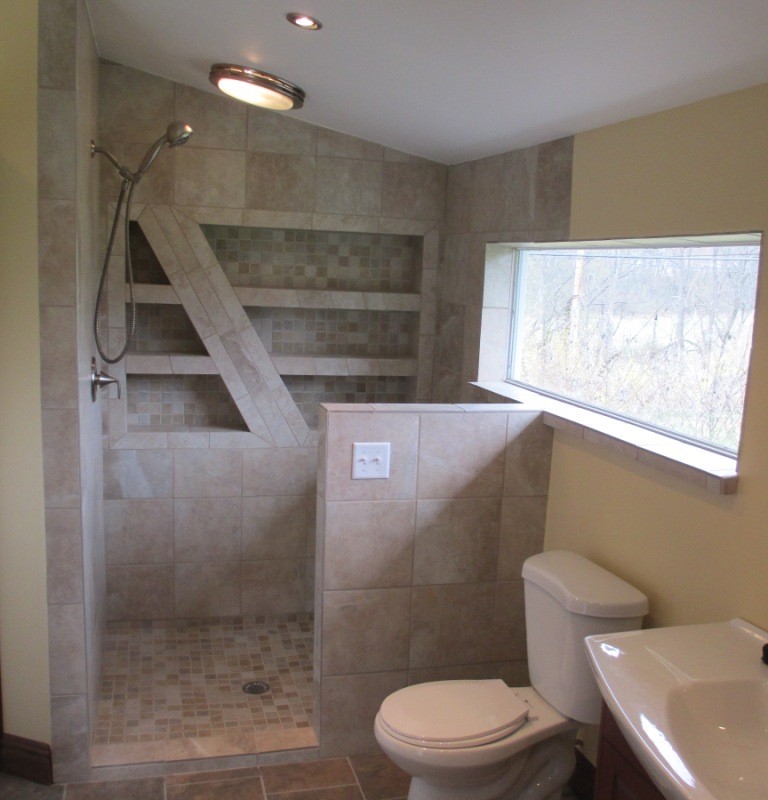 bathroom remodel, State College, tile, vanity, elaborate, wooden trim, basin, stylish